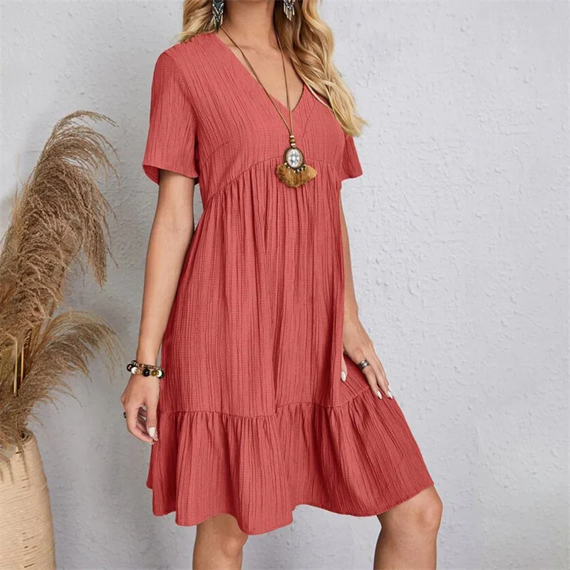 Belle donne vintage mini abiti estivi solido casual scollo a V volant abito da donna Boho allentato beach party abito elegante abiti