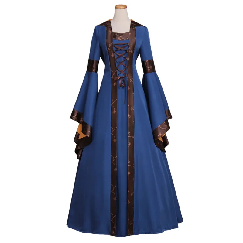 

Medieval Renaissance Gothic Retro Cosplay Costume Victorian Palace Blue Hooded Dress for Women Stage Outfits