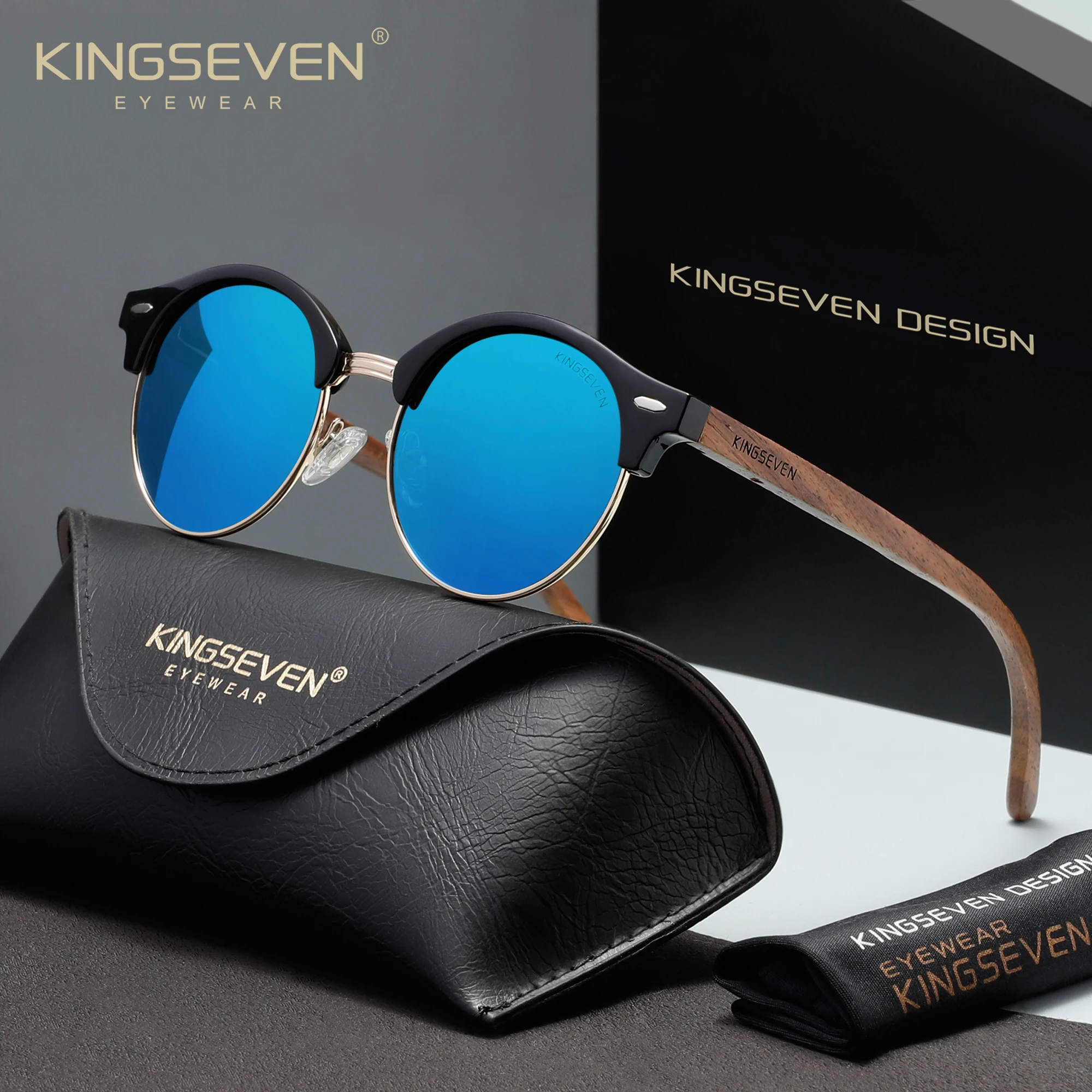 KINGSEVEN Black Walnut Wood Sunglasses Men Women Polarized Mirror Lens Sun Glasses Male UV400