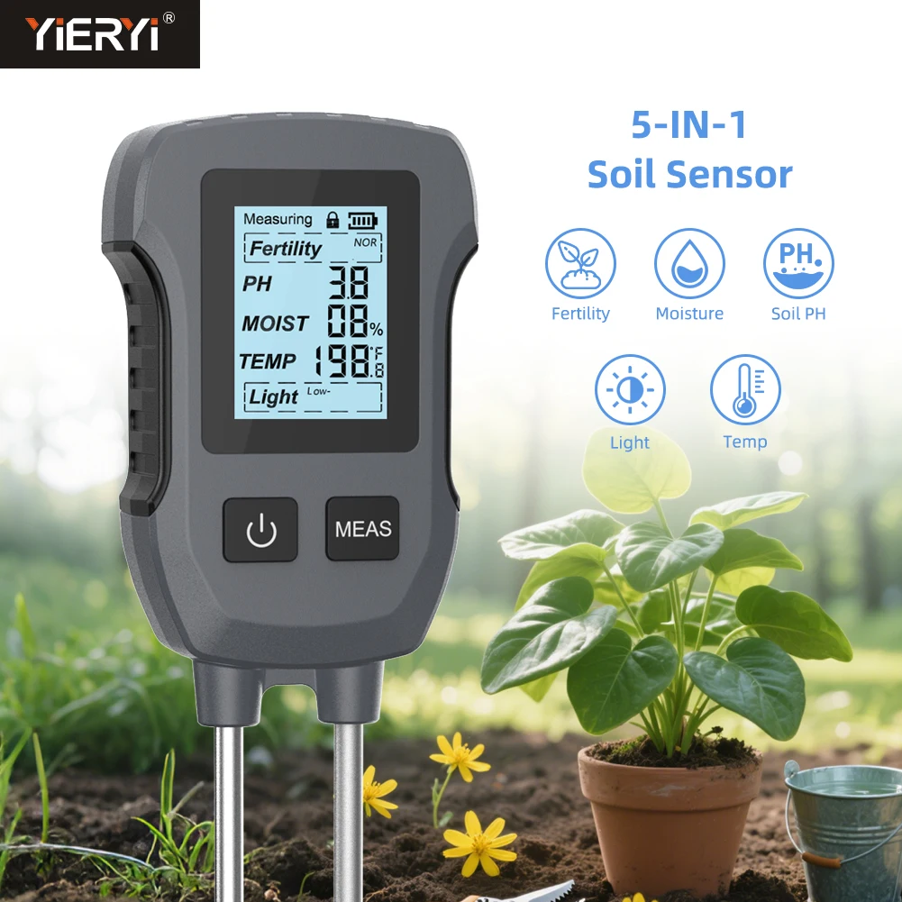 Yieryi 5-in-1 Digital Soil Tester PH Moisture Fertility Temp Sunlight Earth Humidity Analyzer for Garden Plants Lawn Farming