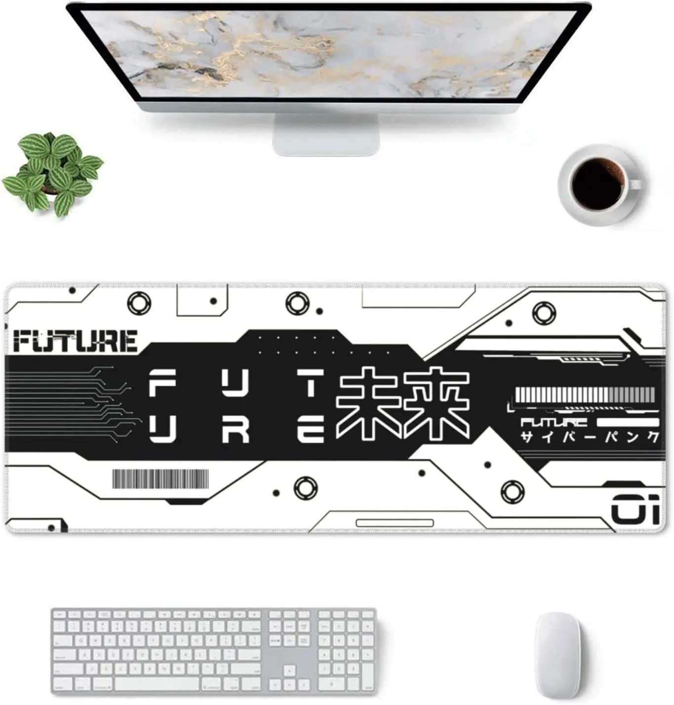 Black and White Future Mouse Pad XL Large Non Slip Rubber Mousepad Stitched Edges Desk Pad Long Extended Mice Pad 31.5X11.8 In