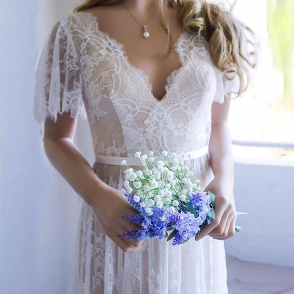 Boho Wedding Dresses 2023 V Neck Cap Sleeve Lace Beach Wedding Gown Cheap Backless Custom Made Free Shipping Bride Dresses