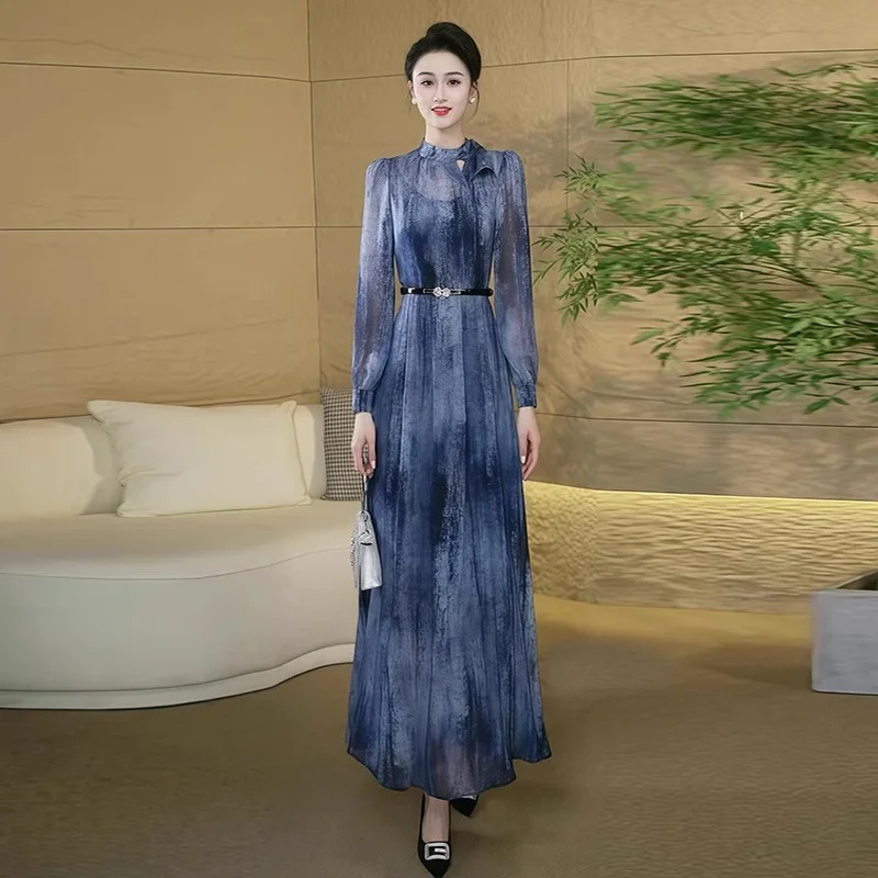 

New Women Elegant Blue Ink smudging Long Dress Summer Fashion Chinese Style Scarf Collar Long Sleeve High Waist Slim Dress