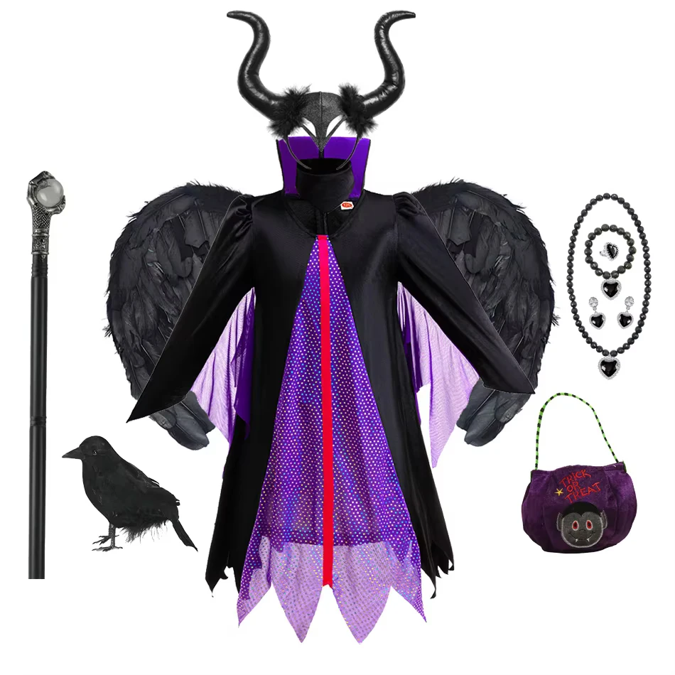Conjunto de Disfraz de Maléfica para Niñas con Diadema de Cuernos, Alas Brillantes y Varita Mágica, Vestido de Villana para Fiesta de Halloween y Cosplay