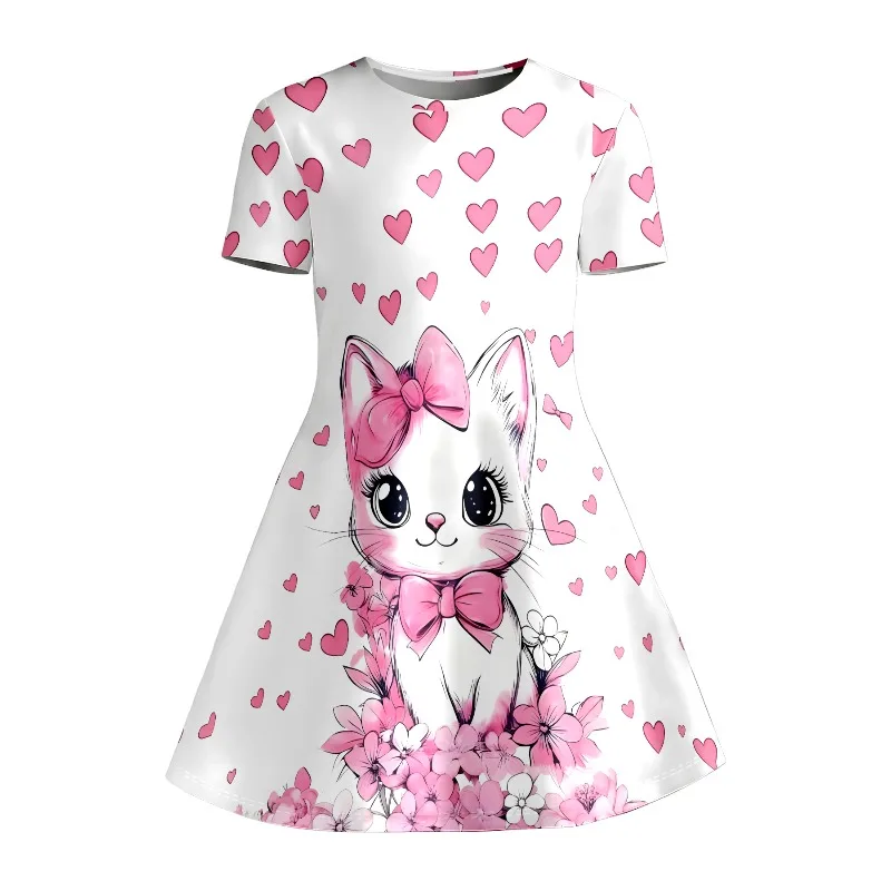 Niedliches Katzen- und Rosa-Herz-Motiv Bedrucktes T-Shirt-Kleid, Kinder-Tierliebhaber Blumen-Freizeitkleid Geeignet für Geburtstagsgeschenke – Detail 6
