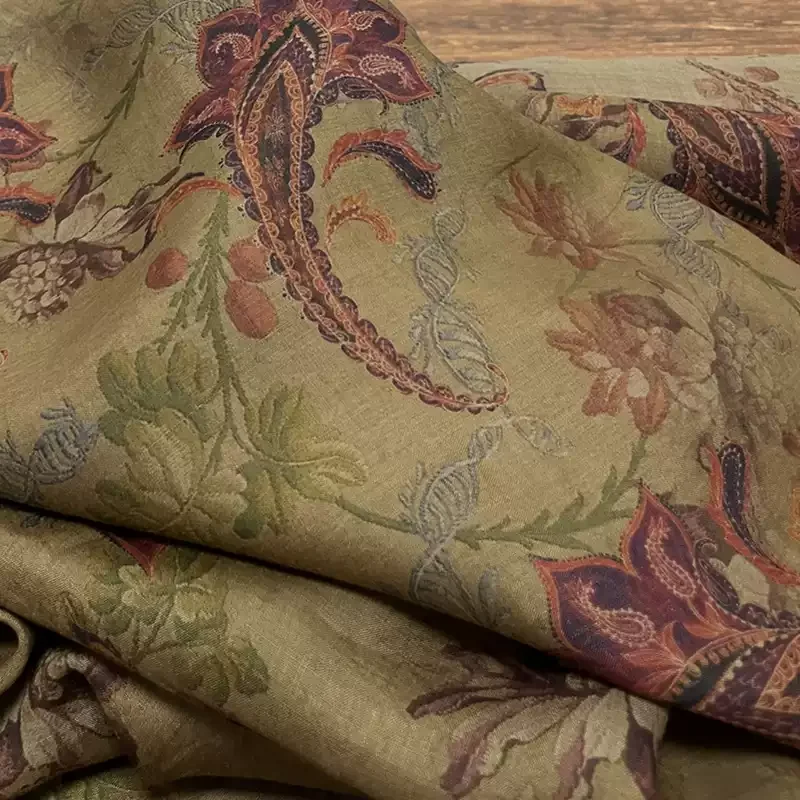 

100% ramie green printed fabric, suitable for making shirts, skirts, and personalized fabrics.