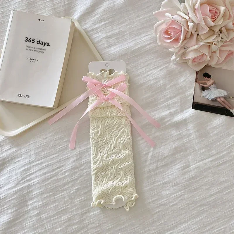 로리타 레이스 장갑 발레 스타일 흰색 레이스 슬리브 여성 얇은 여름 선 스크린 환기 Y2K 소녀를위한 귀여운 활 장갑