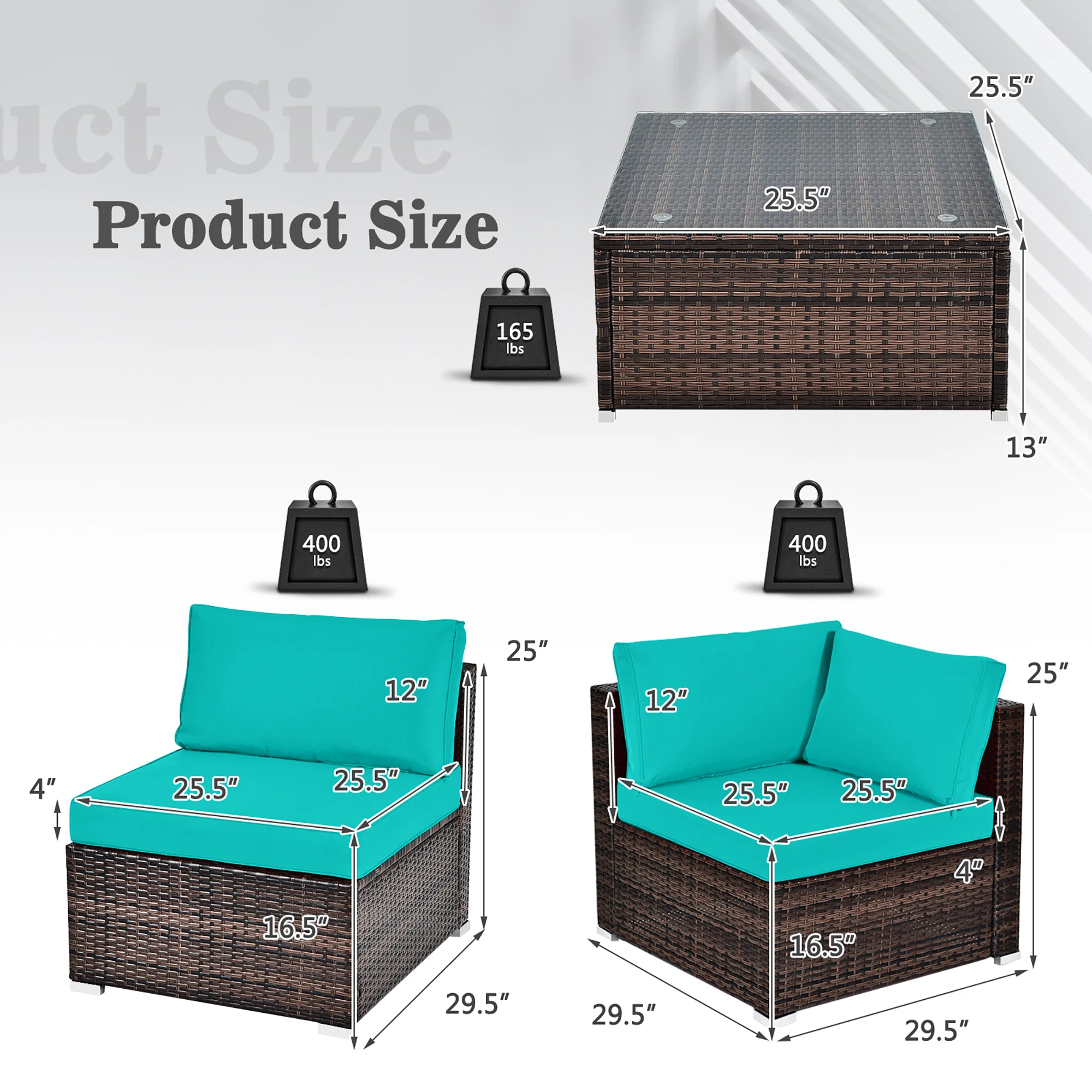 6PCS Patio Rattan Furniture Set Cushioned Sofa Coffee Table Turquoise