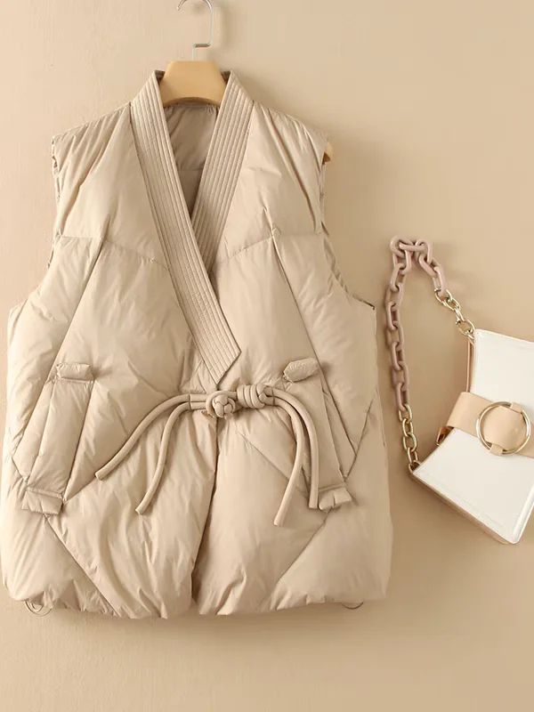 Red Thiened down Cotton Vest Women's Outerwear New Chinese Sle Winter Faionable Top Coat Warm V-ne ket Detail