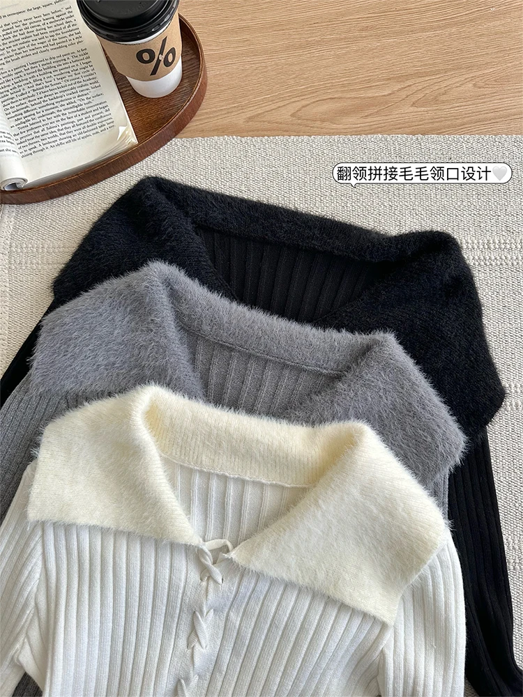 Winter Women Old Money Long Sleeve Cuddly Crop Sweater Coquette Korean Fashion Jerseys Jumper Coquette Pullovers Gyaru Knitwears