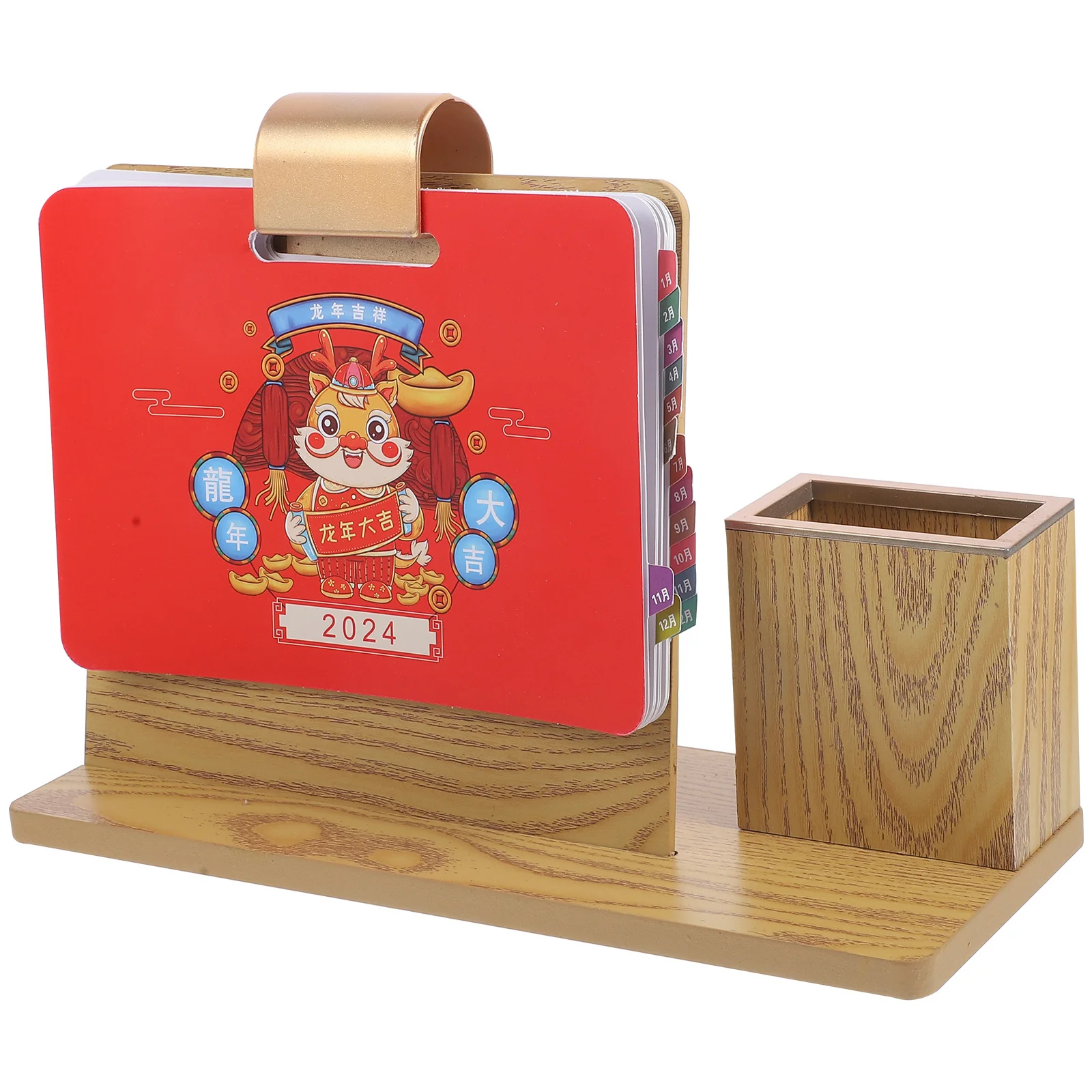 

2024 Multifunctional Wooden Desktop Desk Organizer Wood Pen Holder Planner Book Box Decorative Standing Calendar Household Desk