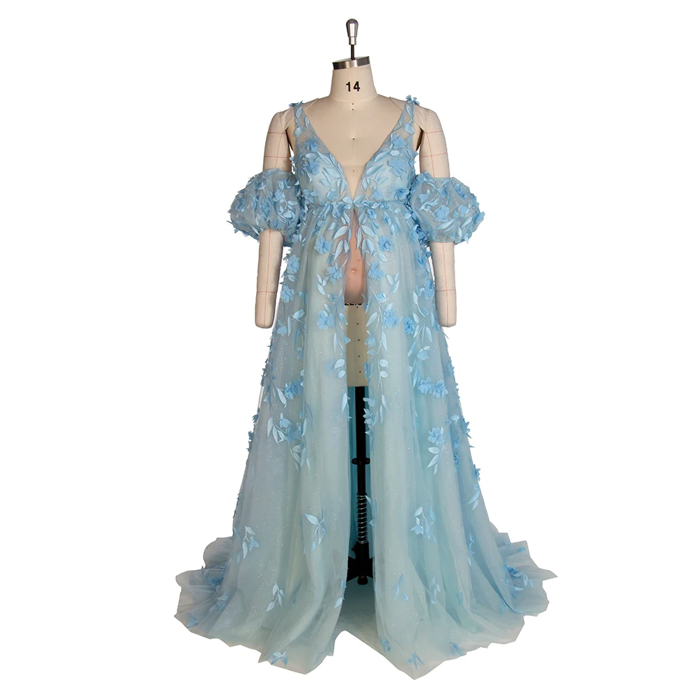 Elegant Glitter Mesh with Appliques Floral Maternity Dress for Baby Shower Blue Maternity Gown YW243138