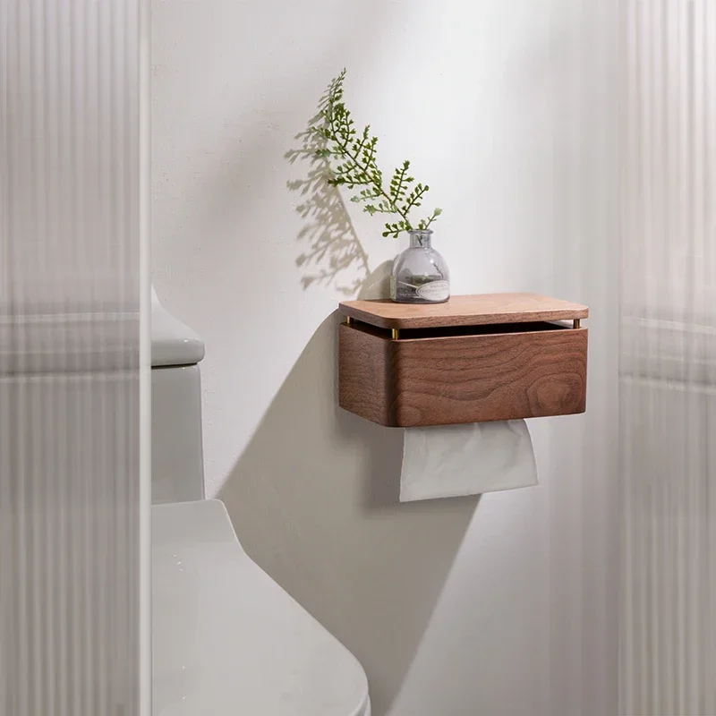 Paper Towel Box Toilet Wall Mounted Hole Free Hand Wiping Paper Box Wall Mounted Toilet Paper Box Shelf Solid Wood