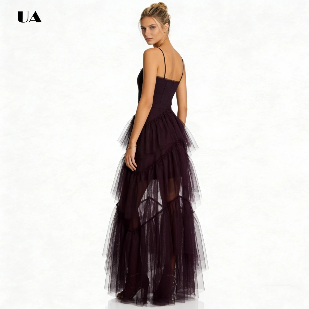 

Simple Tiered Ruffle Prom Dress with Adjustable Shoulder Strap,Illusionary Solid Mesh Evening Dress Customized Corset Party Gown