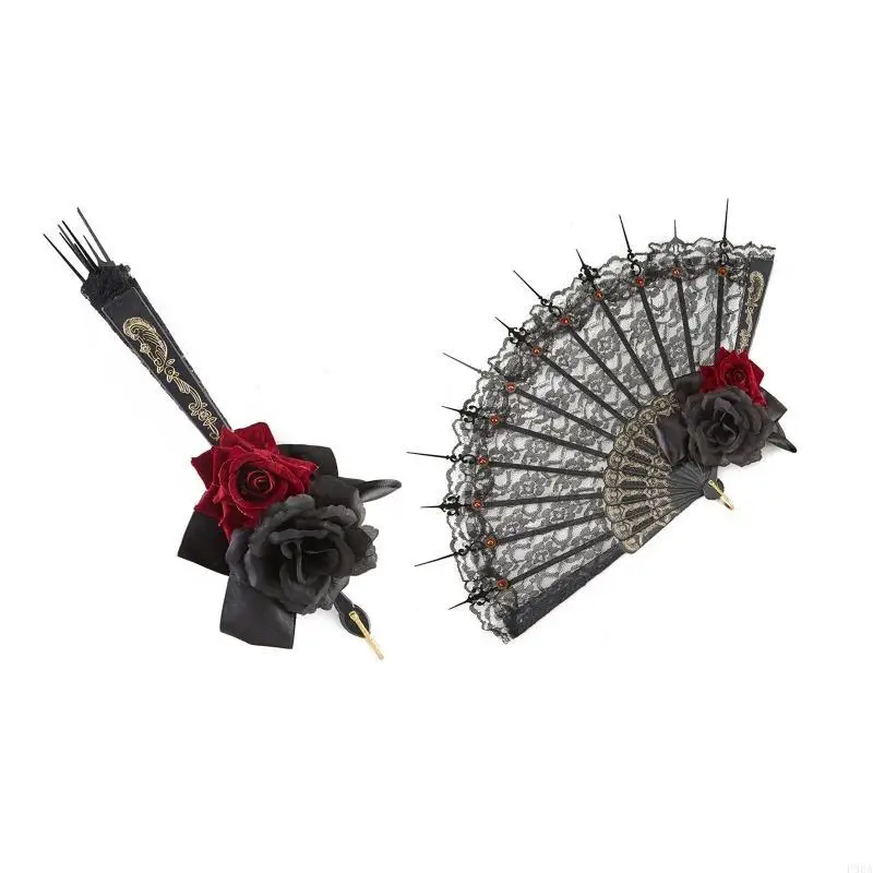 

P88A Lace Handheld Fan Vintage Japanese Rose Bow Folding Fan for Party Show Cosplay Props Photo Props Gothic Hand Fan