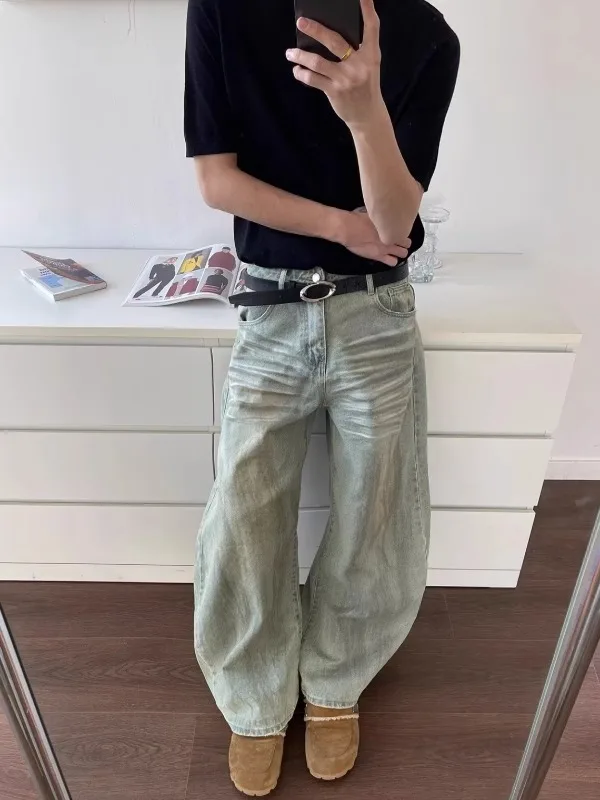 

Американские повседневные свободные мужские джинсы с ножом и пятнами High Street Cleanfit, широкие длинные брюки для мальчиков