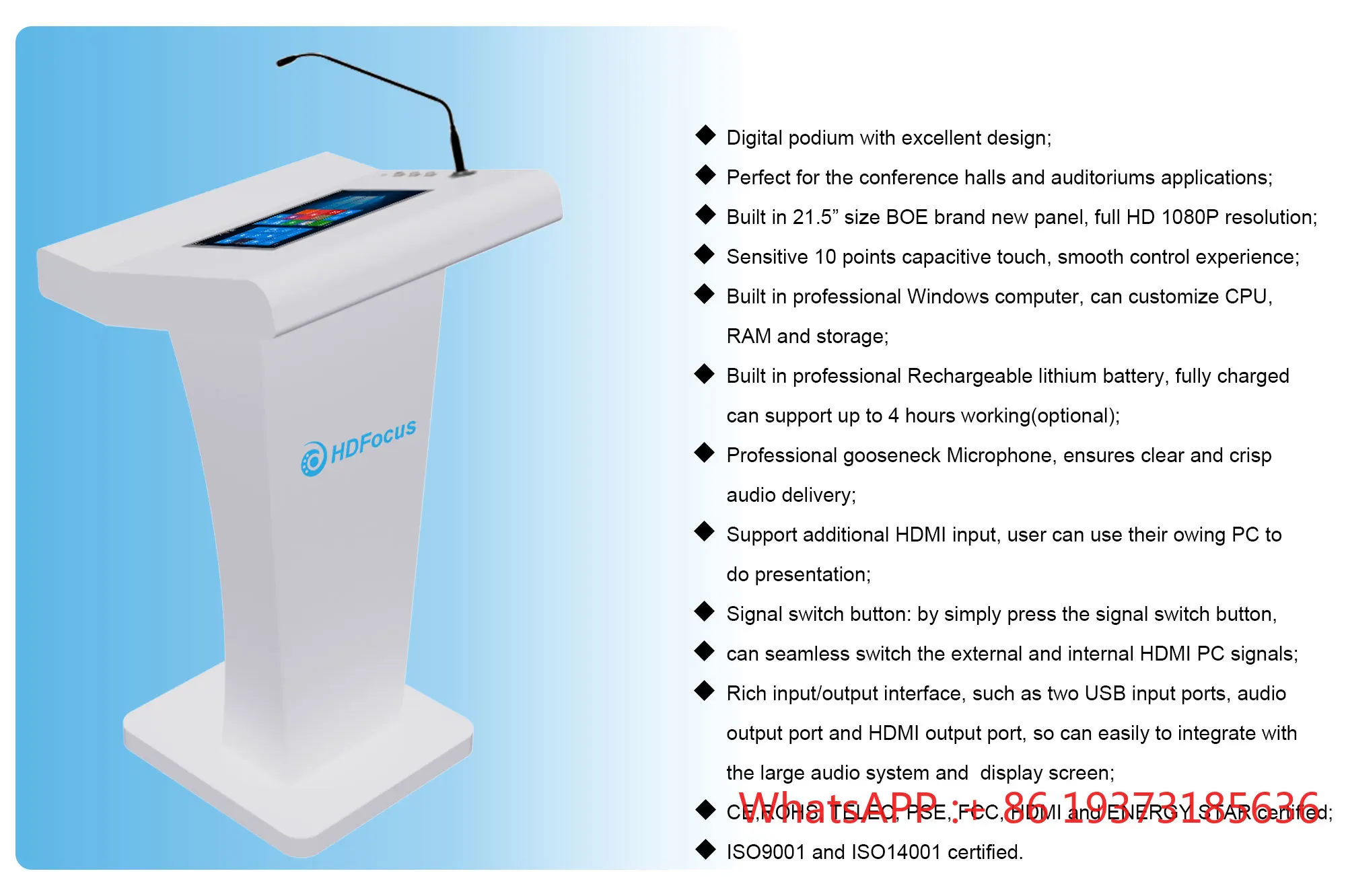 Multimedia Podium Lectern with 21.5 Inch Front Screen and Wireless Microphone for Conference and Church