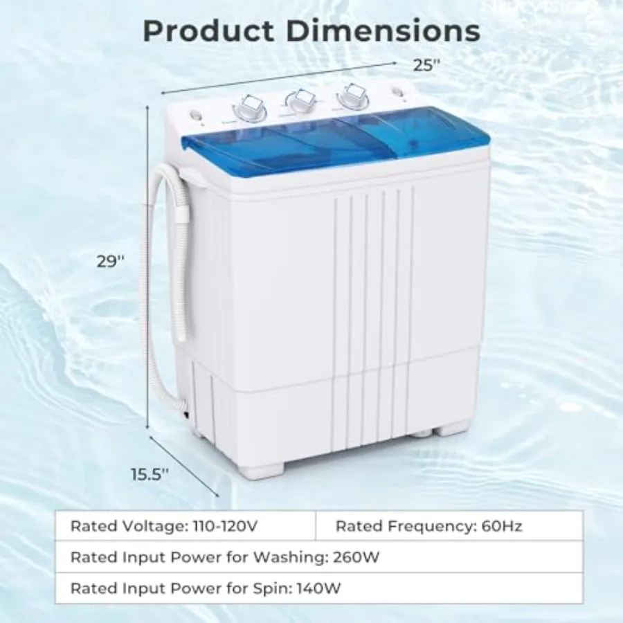 Compact Portable Washing Machine with 20 LBS Capacity Dual Function: 12 LBS Washing and 8 LBS Spin Drying Builtin Drain Pump an