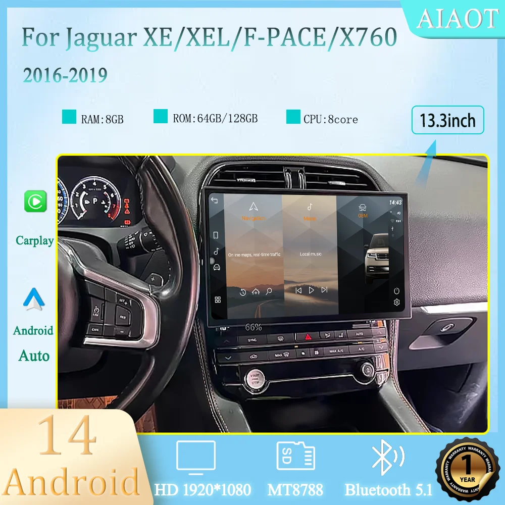 

13.3’‘Android14 For 2016-2019 Jaguar XE/XEL/F-PACE/X760 Car MediaPlayer CarPlay GPS Radio WIFI Navigation Retain Original menu