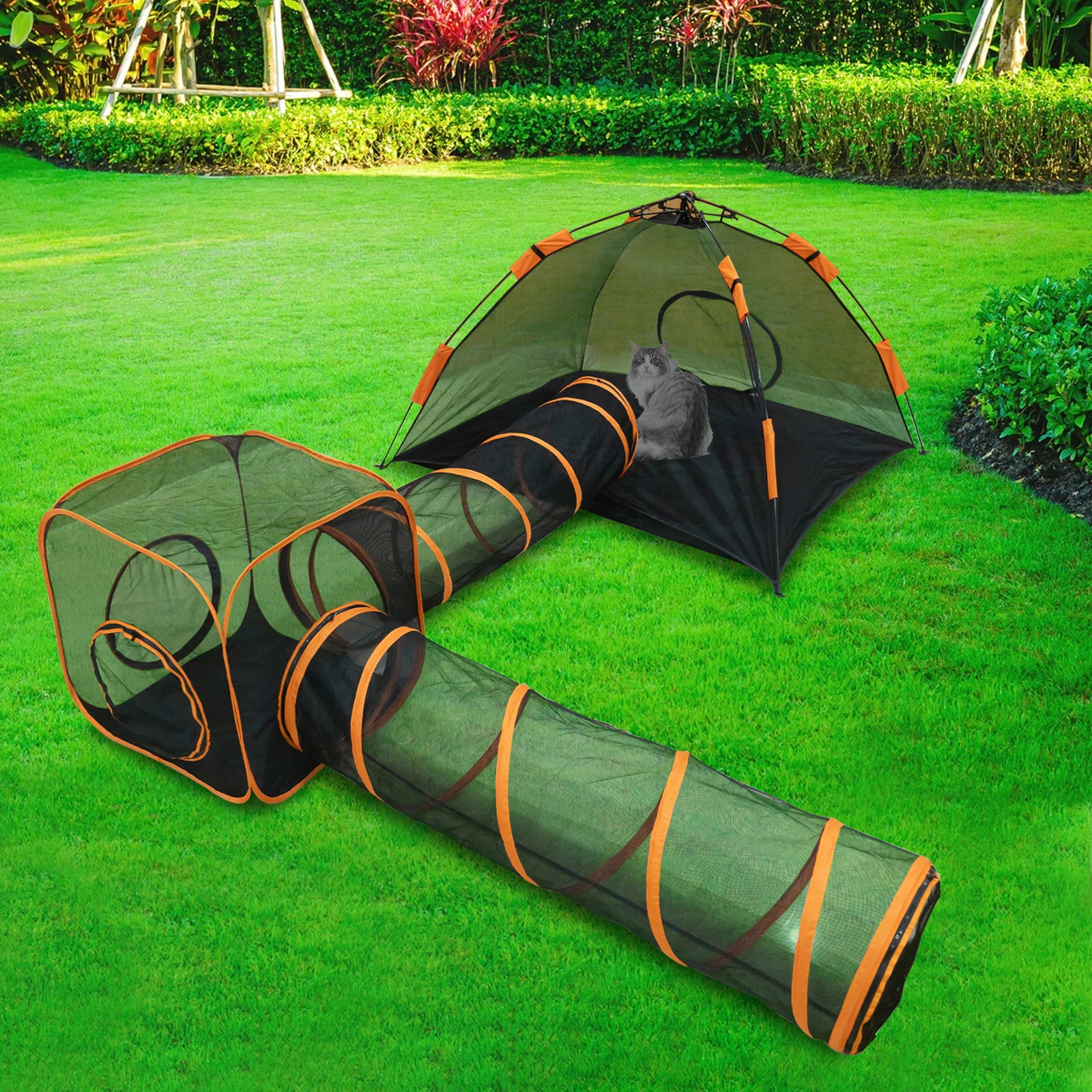 

Portable Outdoor Cat Playpen Waterproof 210D Oxford Cloth & Square Mesh Square Pyramid Type Cat Tent Cat Tunnels w/ Bag