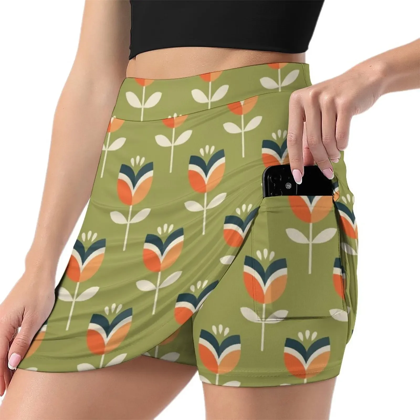 Retro Tulip - Orange and Olive Green Mini Skirt womens clothing Womens dresses Women's clothing