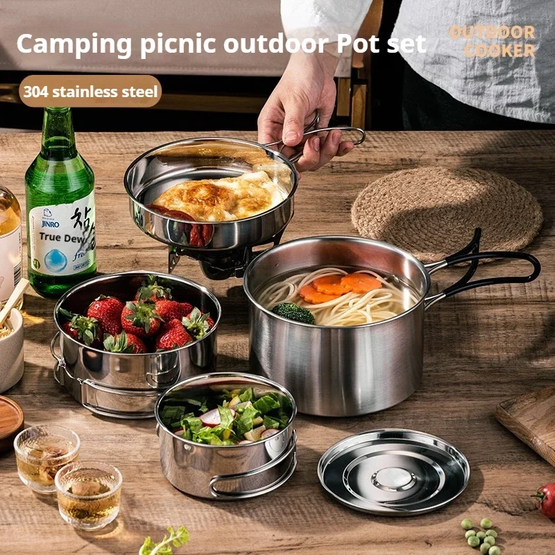 Outdoor Cookware Set Camping Stainless Steel Pot Portable Folding Handle Frying Pan Plate Picnic Cookware Outdoor Supplies