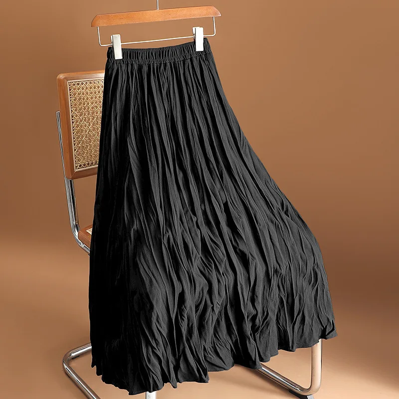 플러스 사이즈 하이웨이스트 플리츠 스커트 루즈 힙 커버링 가운 엘리 A라인 실루엣 롱 폴리에스터 섬유 젊은 여성용