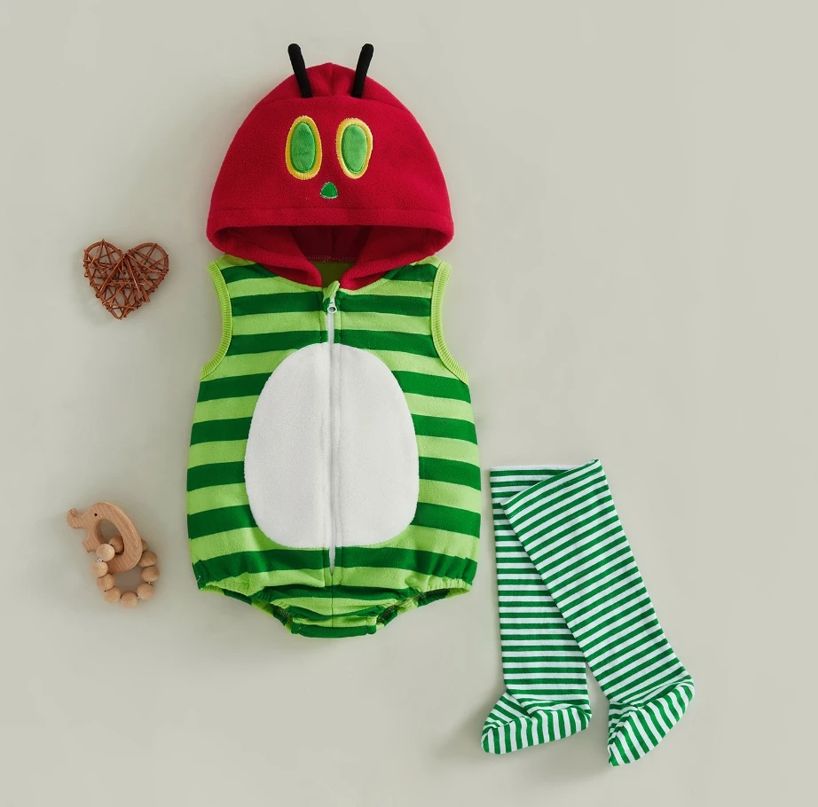Cute Baby Boy Hooded Striped Jumpsuits Sleeveless Romper Stockings Halloween Costume Photography Clothes