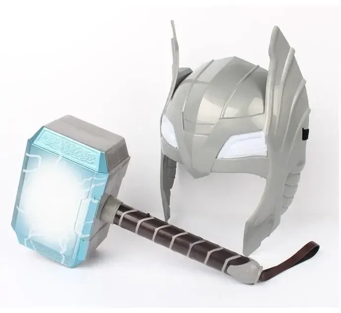 Çocuk Cosplay süper kahraman Thor LED ışık aydınlık sondaj kask maske silah çekiç quake modeli oyuncak kostüm parti sahne gösterisi hediye