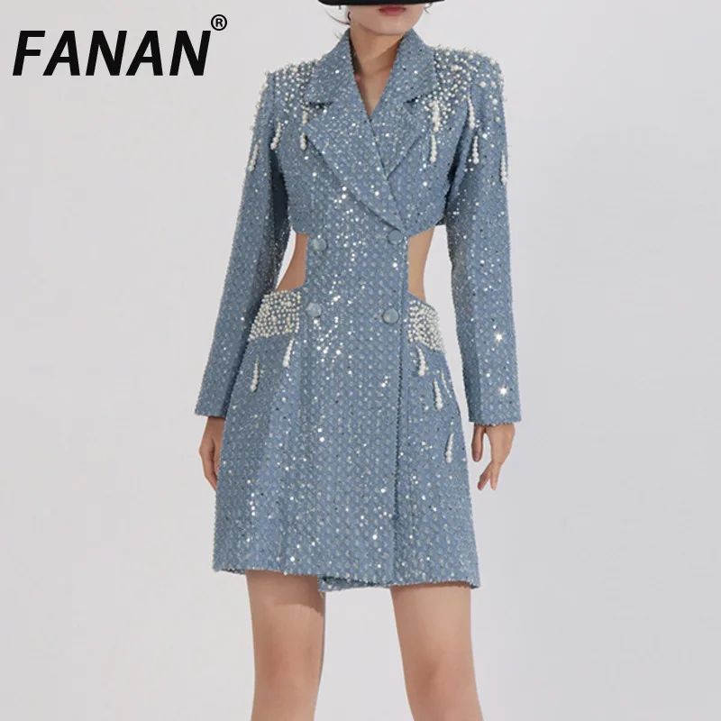 FANAN Designer Hollow Out Blazer Voor Vrouwen Notched Double Breasted Verzamelde Taille Diamant Gesplitste Jassen Mode Jassen 2023 Nieuwe