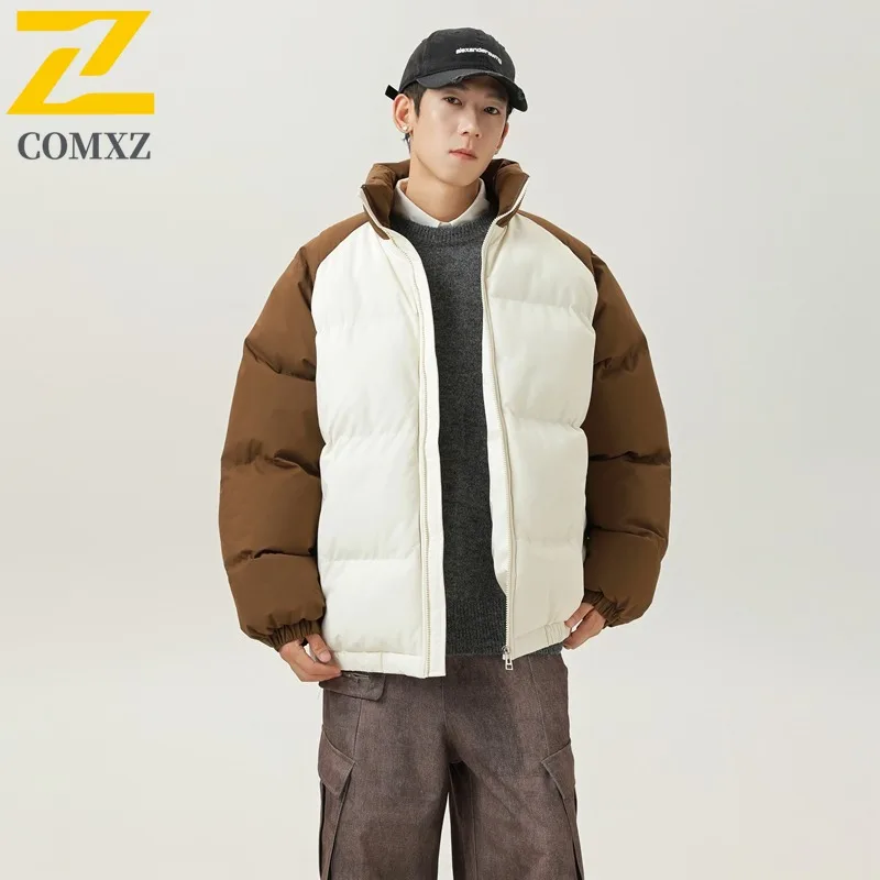 COMXZ New Men Cotton Coat Stand Collar Trendy Hooded Color Block Thickened Warm Jacket Waterproof Loose Lightweight Outerwear