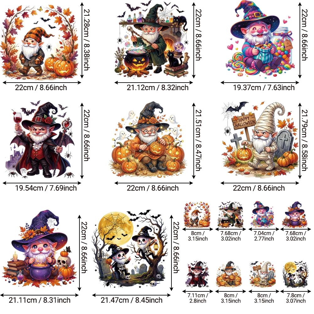 8 large + 8 small Halloween gnome DTF transfers, steady color, wash durable for clothes, bags & fabric crafts