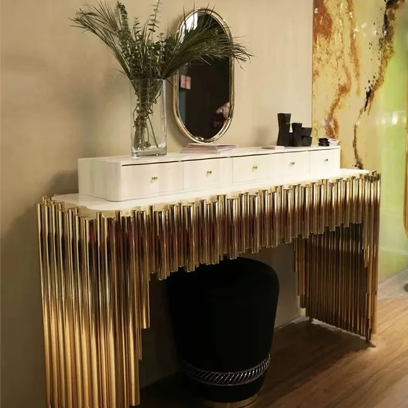 Luxury gold stainless steel dressing table with mirror and drawers Narrow long dressing table Bedroom charming design