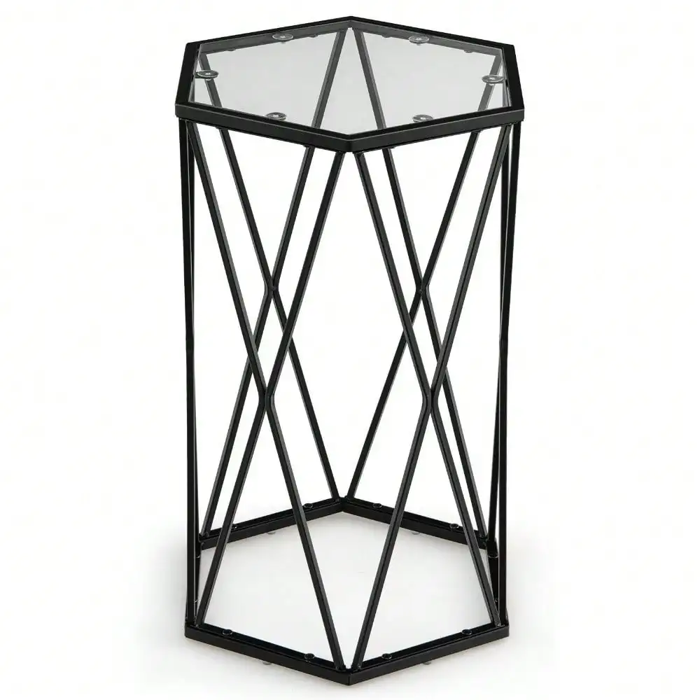 Side Table Tempered Glass Top Metal Frame Hexagonal Accent End Table Living Room