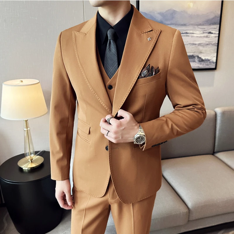 (Jackets+Vest+Pants) 3 Pieces Elegant Suits Brand Slim Fit Single Button Party Formal Business Dress Suits Terno Wedding Tuxedo