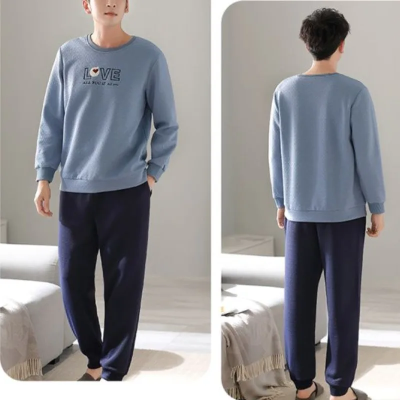 Pijamas para hombre Otoño Invierno algodón puro grueso ropa de dormir de manga larga cuello redondo de gran tamaño conjunto de ropa de casa cálida de algodón fino