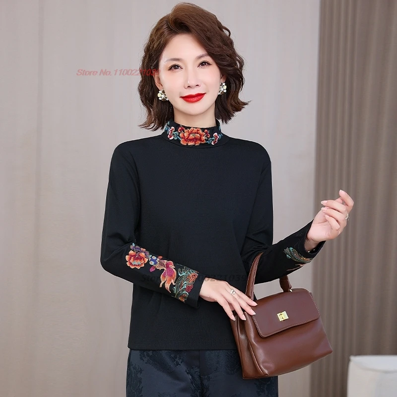 

Китайская винтажная рубашка 2025 года, традиционная рубашка с цветочной вышивкой и воротником-стойкой, восточная народная рубашка, элегантная базовая рубашка в этническом стиле в стиле ретро