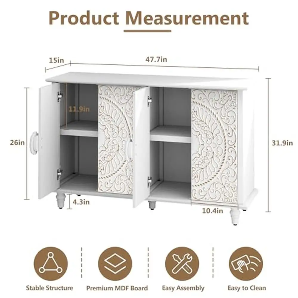 Embossed Flower Pattern Sideboard Buffet Cabinet Storage Credenza Modern Farmhouse Design Rectangular Shape Heavy Duty 4 Door