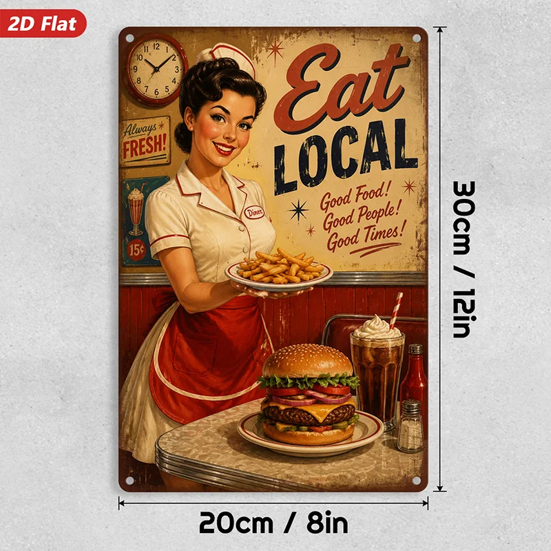 2D Flat, 1pc Retro Diner Waitress Metal Sign Wall Art, Eat Local Text, Smiling Waitress Portrait, Fries Plate