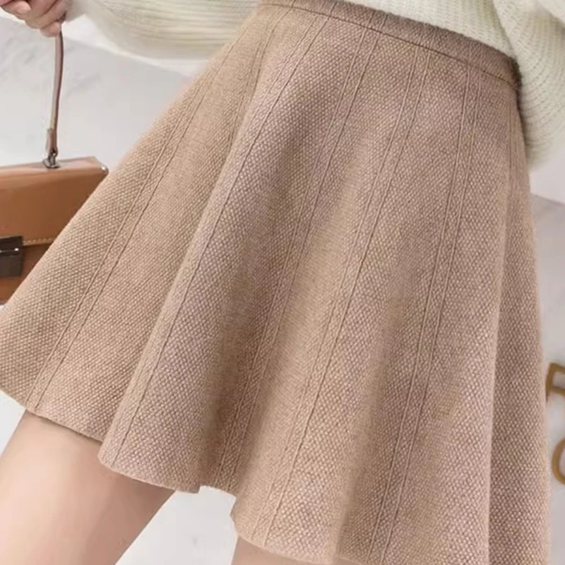 Chic Khaki Knitted Pleated Skirt Women Autumn Winter A-Line High Waist Skirt Woman Preppy Style All-Match Solid Mini Skirts