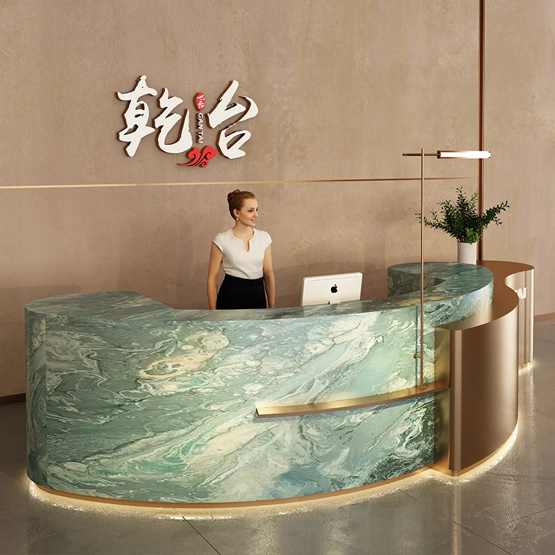 

Beauty Luxury Reception Desks Curved Modern Shelves Restaurant Desks Company Aesthetic Drawer Escritorio Commercial Furniture