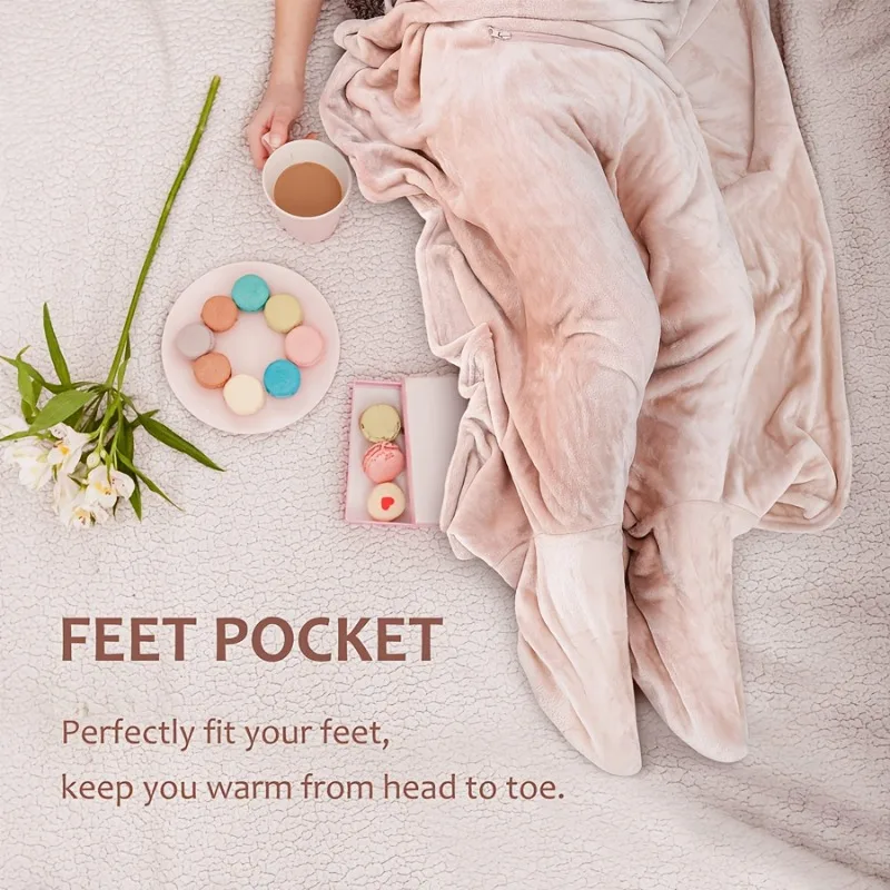 يمكن ارتداؤها الفانيلا بطانية سفر مع الأكمام جيب كبير مكافحة ساكنة أريكة بطانية التلفزيون للبالغين التخييم في الهواء الطلق كسول تكبب