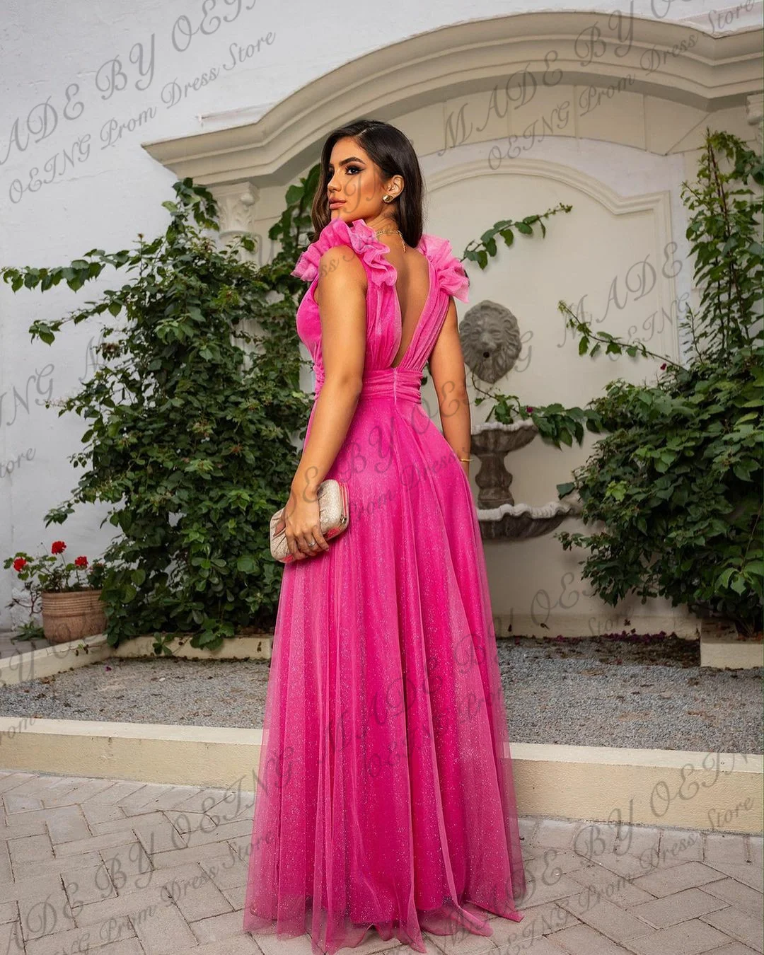 OEING Elegant Hot Pink Long Evening Dresses Deep V Neck Organza Simple 3D Flowers Suspender Prom Gowns Formal Party Dress