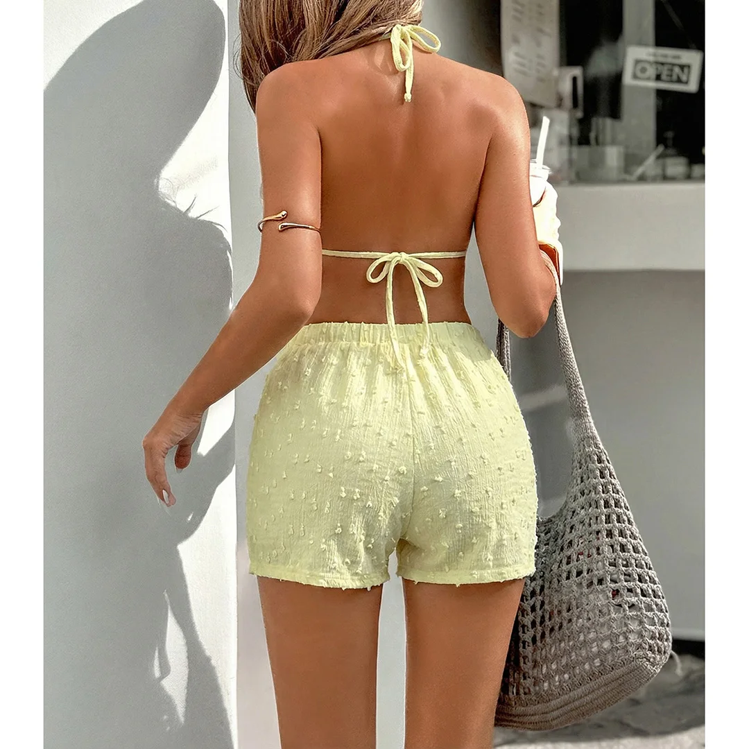 4 Farben, verführerischer Bikini mit Trägerdesign, Damen-Badeanzug, dreiteiliges Bikini-Set mit Shorts, Damen-Badebekleidung, Badeanzug, Schwimmbekleidung V7843W. – Detail 6