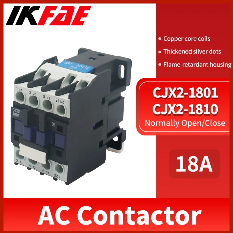 CJX2-1801 AC Contactor 24V 36V 110V 220V 380V 18A NC 3-Phase DIN Rail Mount Electric Power Contactor