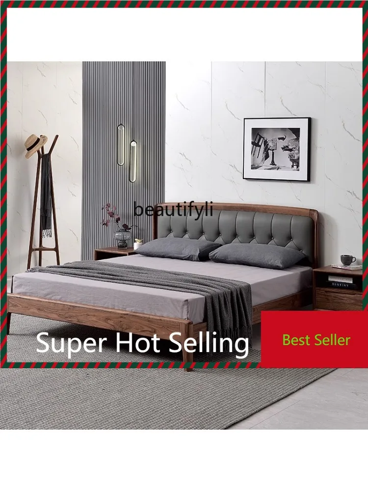 

M71 North America Black Walnut Full Solid Wood Bed Genuine Leather 1.8 M Double Bed Modern Simple Small Apartment Log Bed