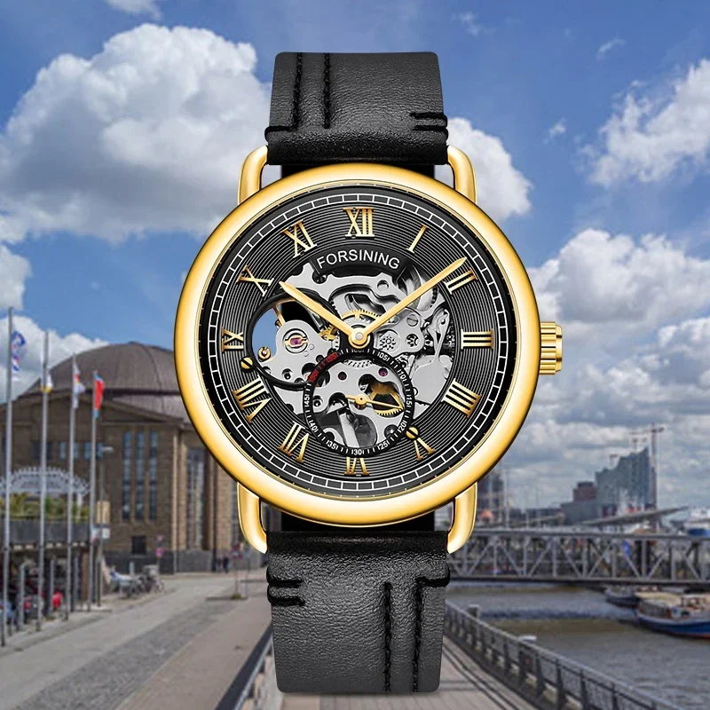 

Новый стиль часы FORSINING, мужские модные повседневные классические часы, водонепроницаемые аналоговые часы со скелетом, роскошный кожаный ремешок, мужские часы