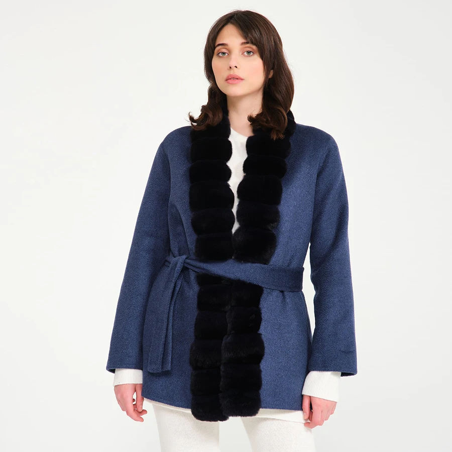 Chinchilla Rex Rabbit Fur Coat Winter Wool Blends Jacket Women Real Fur Collar Best Selling Cashmere Jacket Luxury