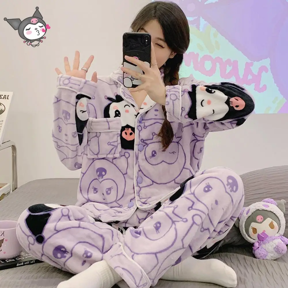 Hello Kitty Kuromi Plush Pajamas Set Women Cardigan Flannel Homewear Sanrioed Kawaii Anime Thicken Cartoon Autumn Winter Sweet