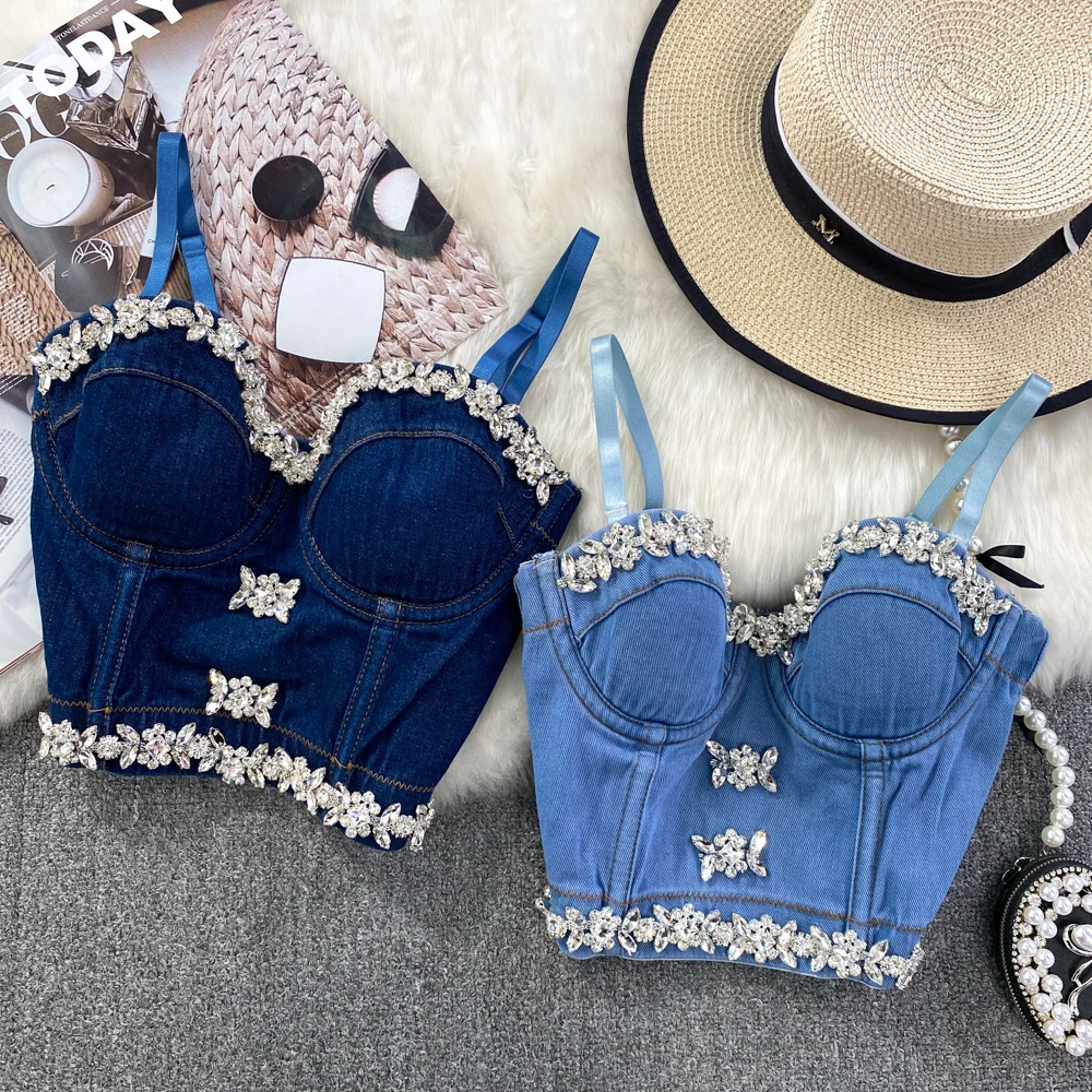 Flowers Diamond Sexy Camisole Summer Ladies Straps Backless Denim Slim Top Women Retro Vacation Short  Vest